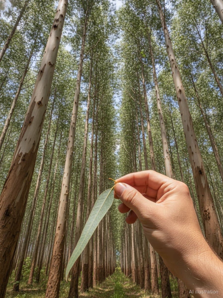 Hand holding a eucalyptus leaf among tall Eucalyptus grandis trunks (illustration)