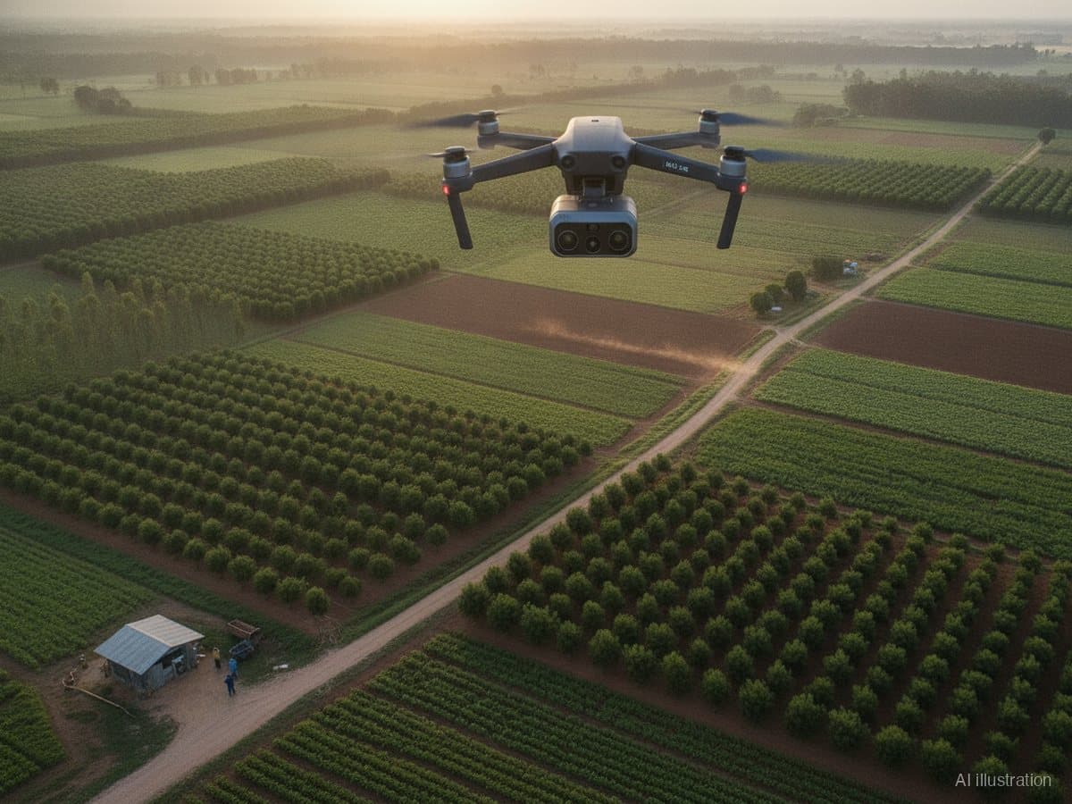 A quadcopter drone with a multispectral sensor flying over a patchwork of plantation forest compartments and crop fields (illustration)