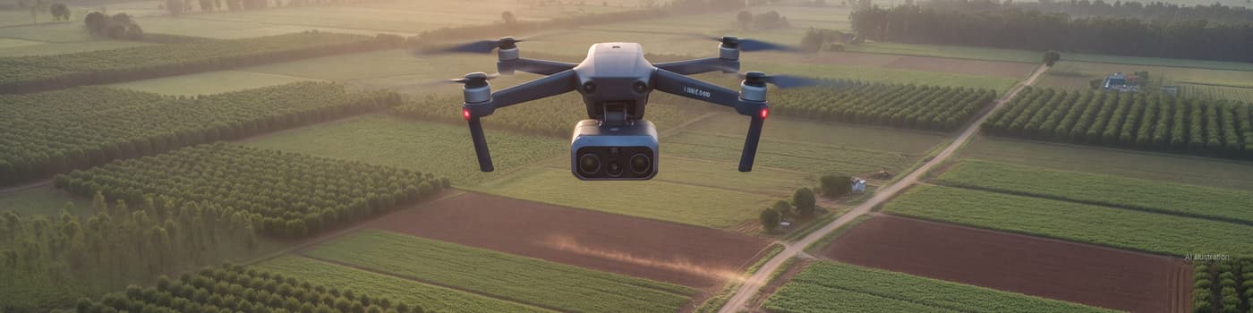 A quadcopter drone with a multispectral sensor flying over a patchwork of plantation forest compartments and crop fields (illustration)