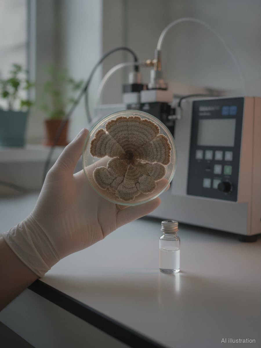 Gloved hand holding a Petri dish with a fungal culture next to a headspace vial (illustration)
