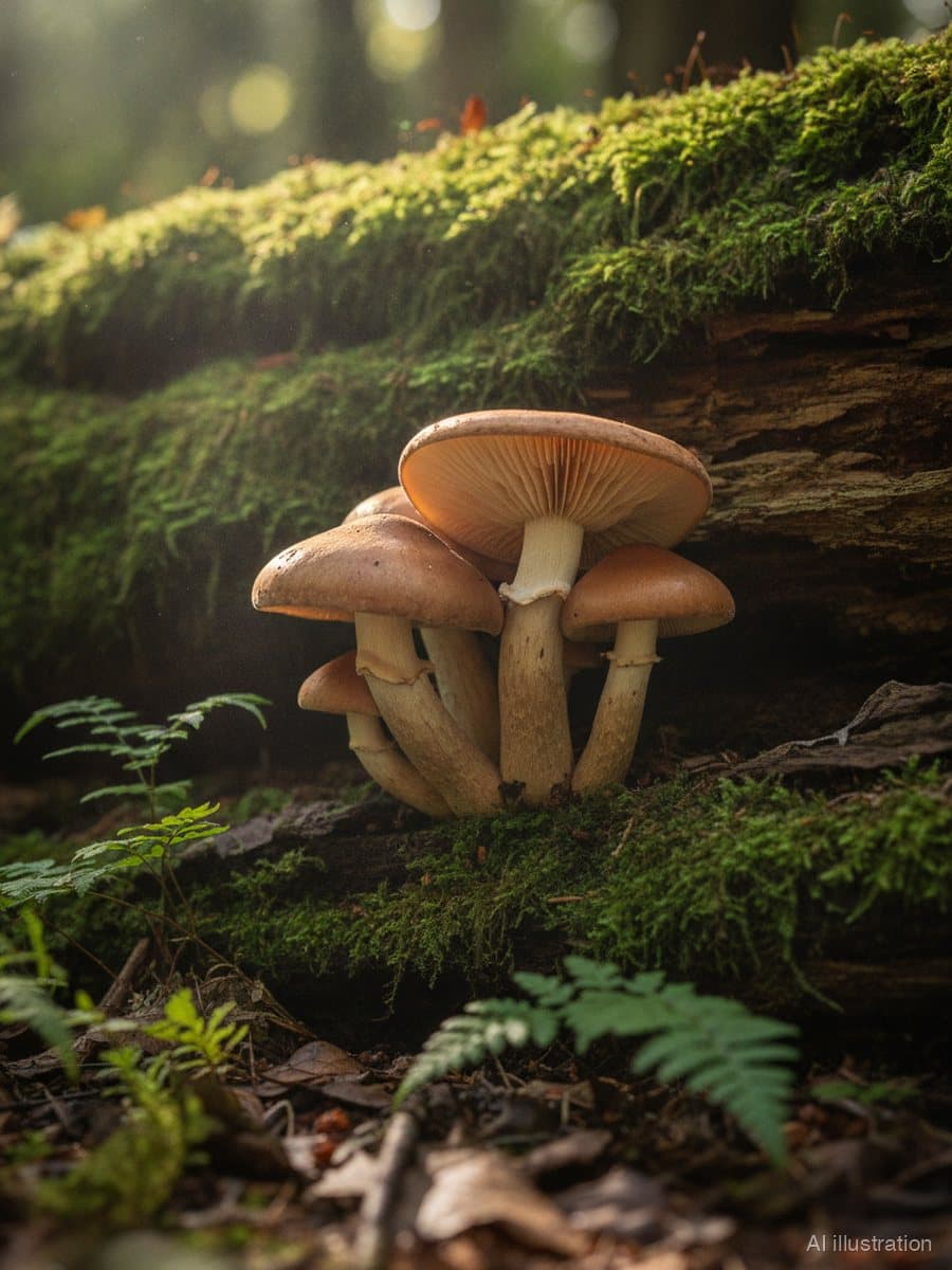 Wild mushrooms on a mossy log in a forest (illustration)