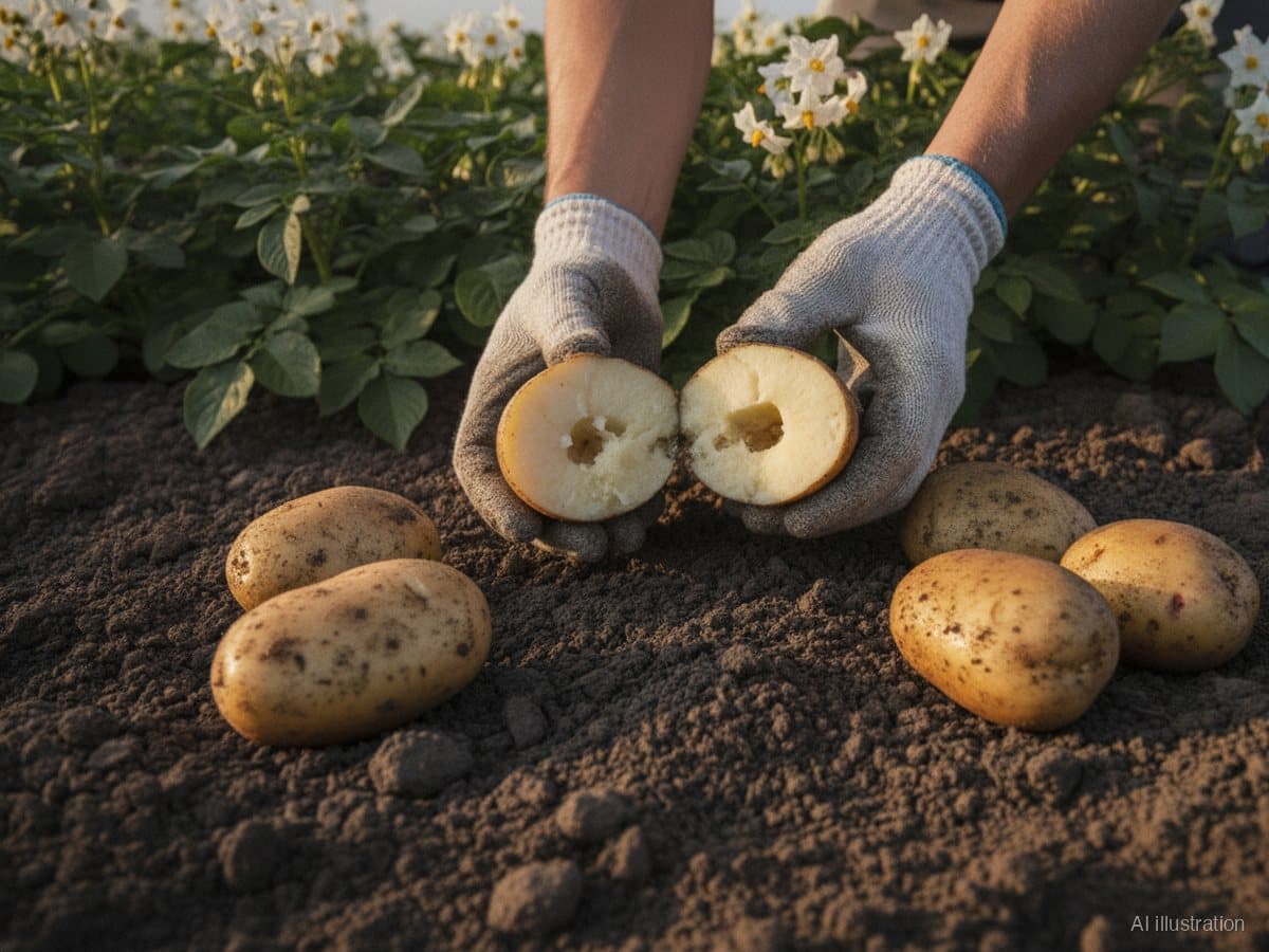 Freshly lifted potato tubers on dark soil, one tuber cut open showing bacterial soft rot, potato plants flowering behind (illustration)