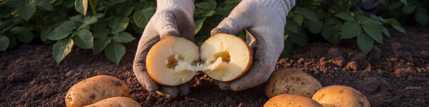 Freshly lifted potato tubers on dark soil, one tuber cut open showing bacterial soft rot, potato plants flowering behind (illustration)