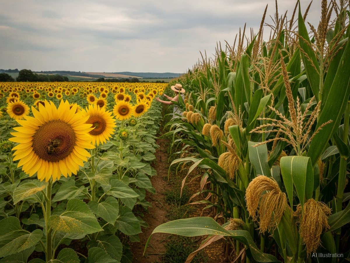 A sunflower field in full bloom with a honeybee on the nearest flower head, maize tassels shedding pollen at the field edge (illustration)