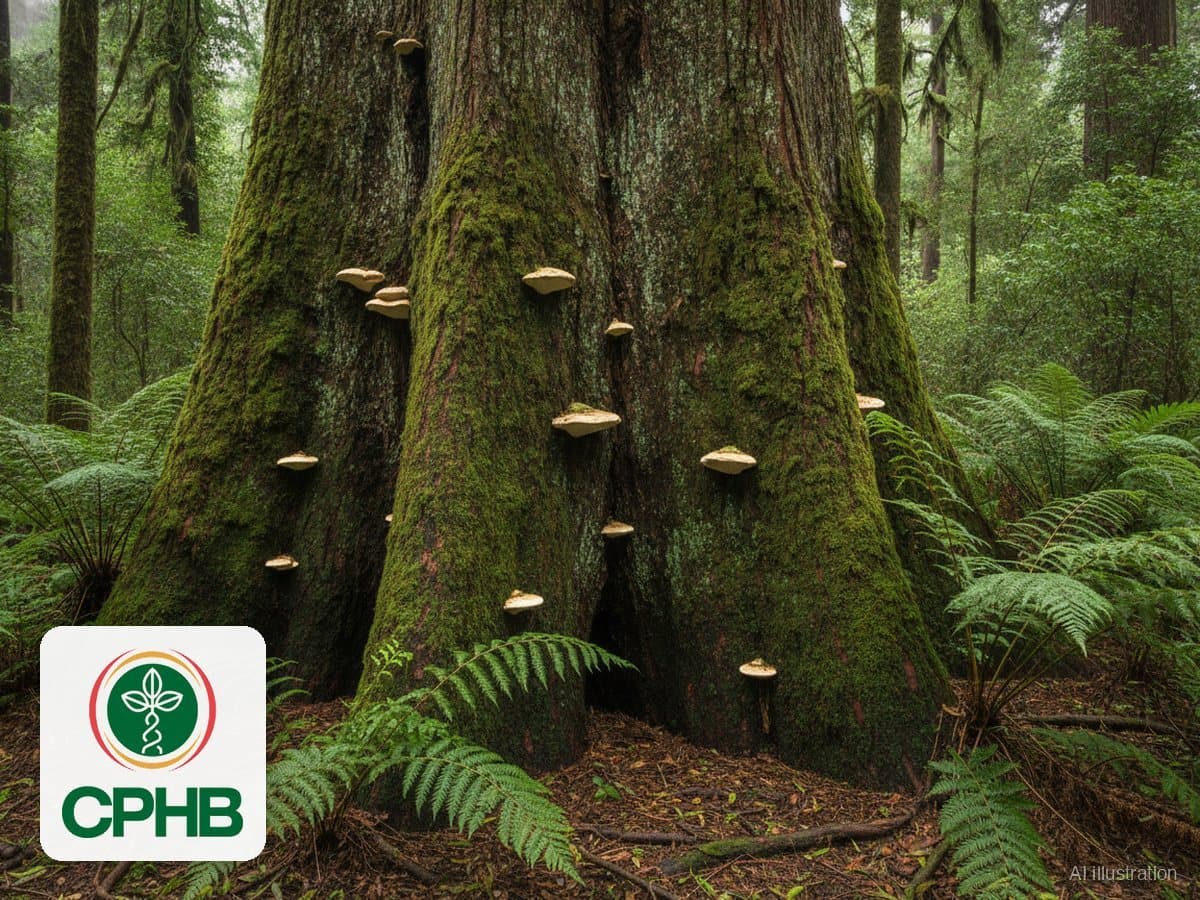 The massive trunk of an indigenous Outeniqua yellowwood with bracket fungi in the Knysna forest (illustration)