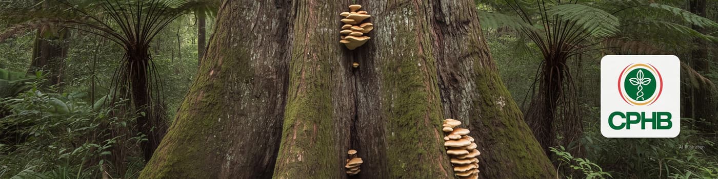 The massive trunk of an indigenous Outeniqua yellowwood with bracket fungi in the Knysna forest (illustration)